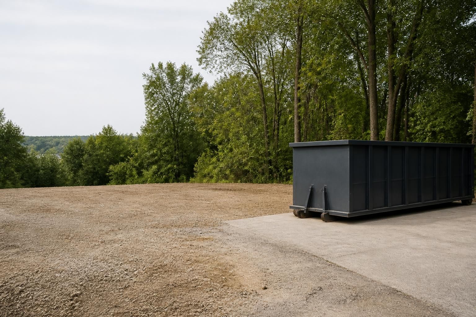 Spotless cleared property with a dumpster rental setup