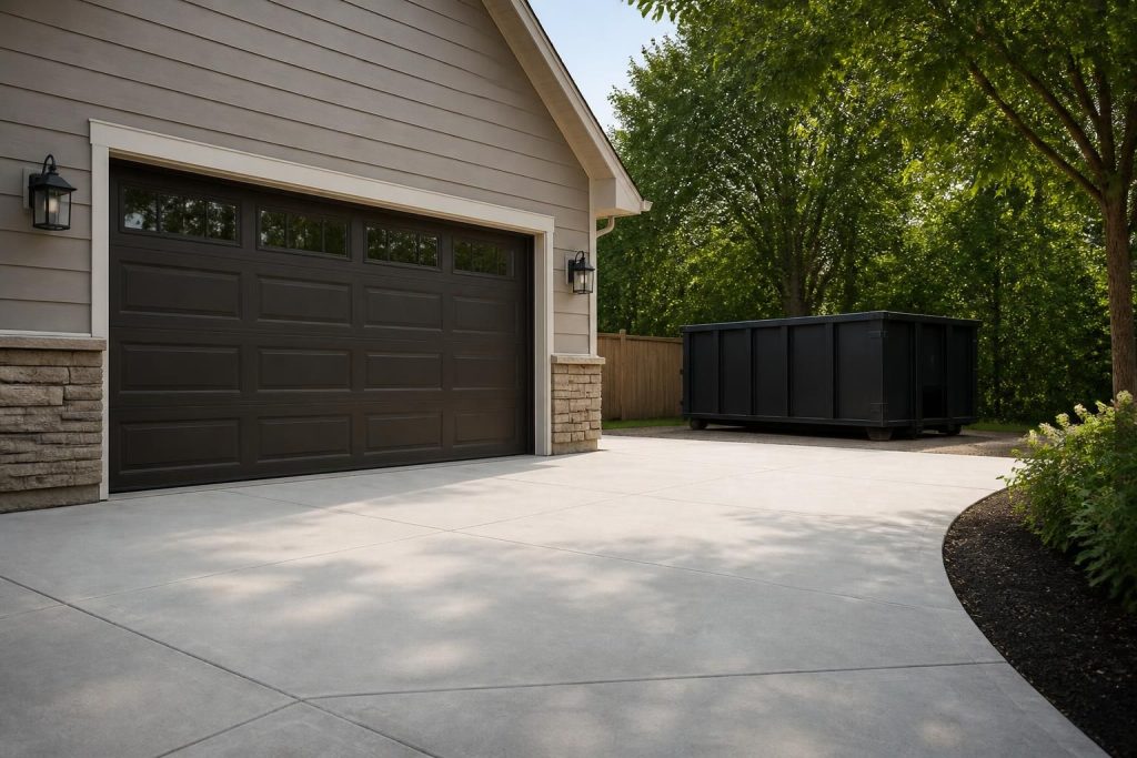 Clean driveway with junk removal truck and cleared garage area