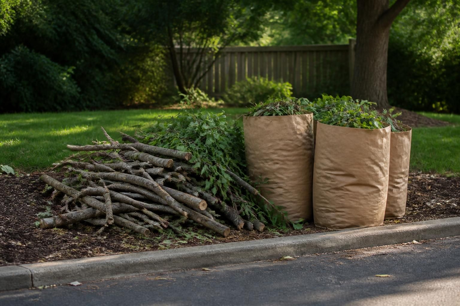 Collected yard waste in a tidy outdoor space